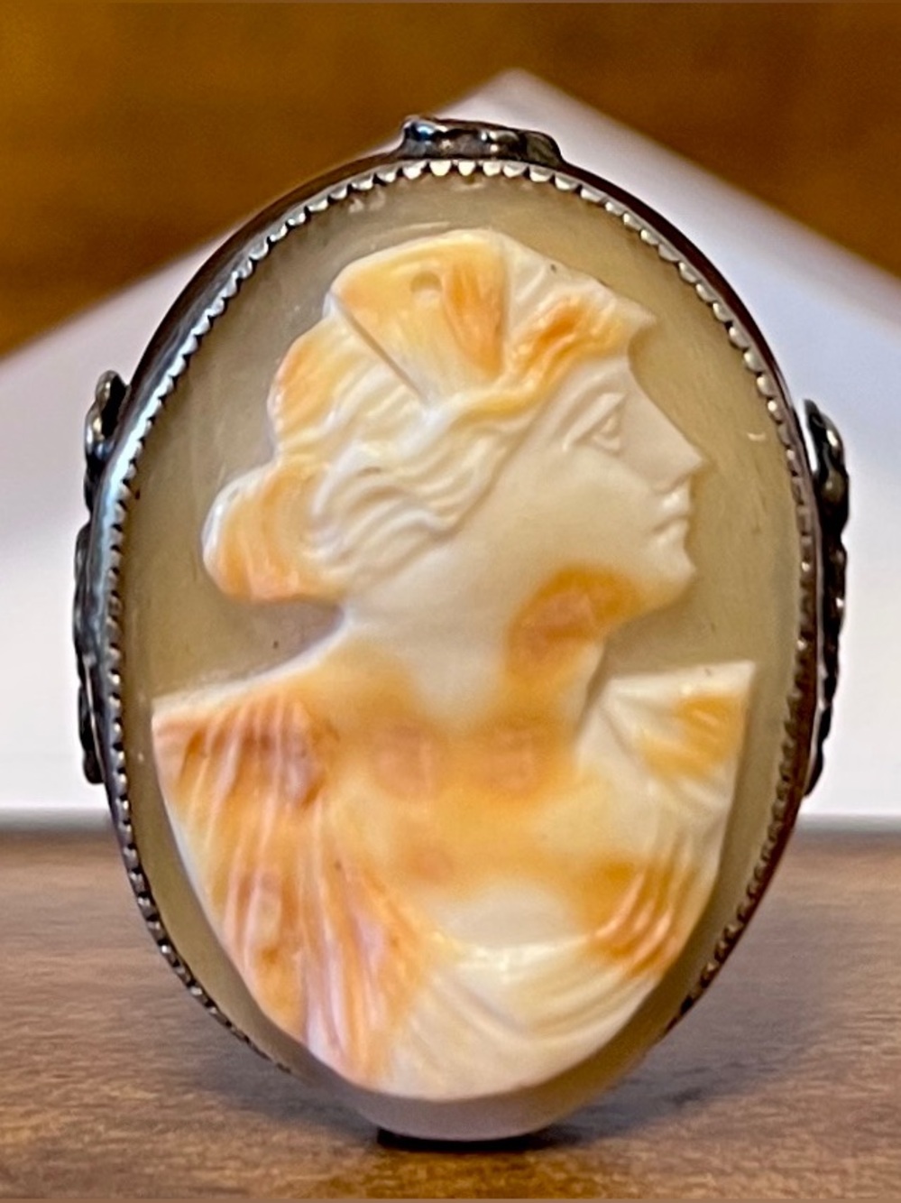 Antique Hand carved Shell Cameo Sterling Silver Ring Size 7